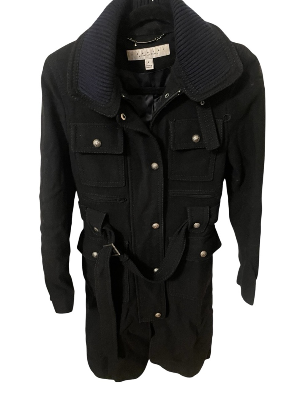 Laundry by Shelli Segal Black Belted Military Style Coat Size 4